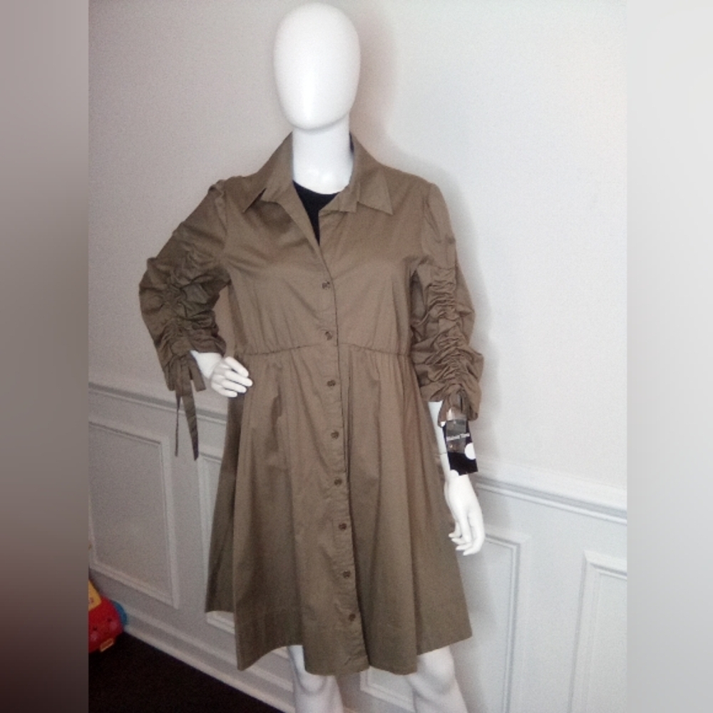 Women's MaisonTara 3/4 Sleeve Collared Shirt Dress, SizeXL, Olive, NEW - Picture 2 of 16